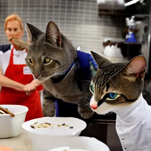 Image similar to anthropomorphic cats competing in masterchef