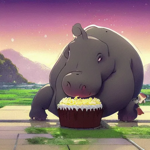 Image similar to a very fat hippo eating cake, illustration concept art anime key visual trending pixiv fanbox by wlop and greg rutkowski and makoto shinkai and studio ghibli and kyoto animation symmetrical facial features