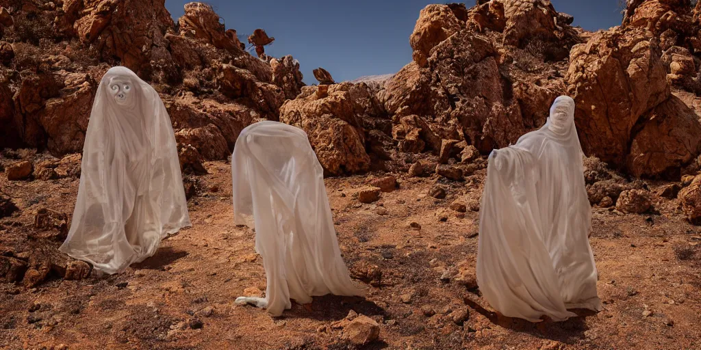 Prompt: levitating ghost veiled silhouette with full - face golden bright reflective mask in a dry rocky desert landscape, visible sky and sunny atmosphere, floating rocks, flying rocks and fata morgana and giant mirrors by alejandro jodorowsky, anamorphic lens, kodakchrome, practical effects, masterpiece, 8 k