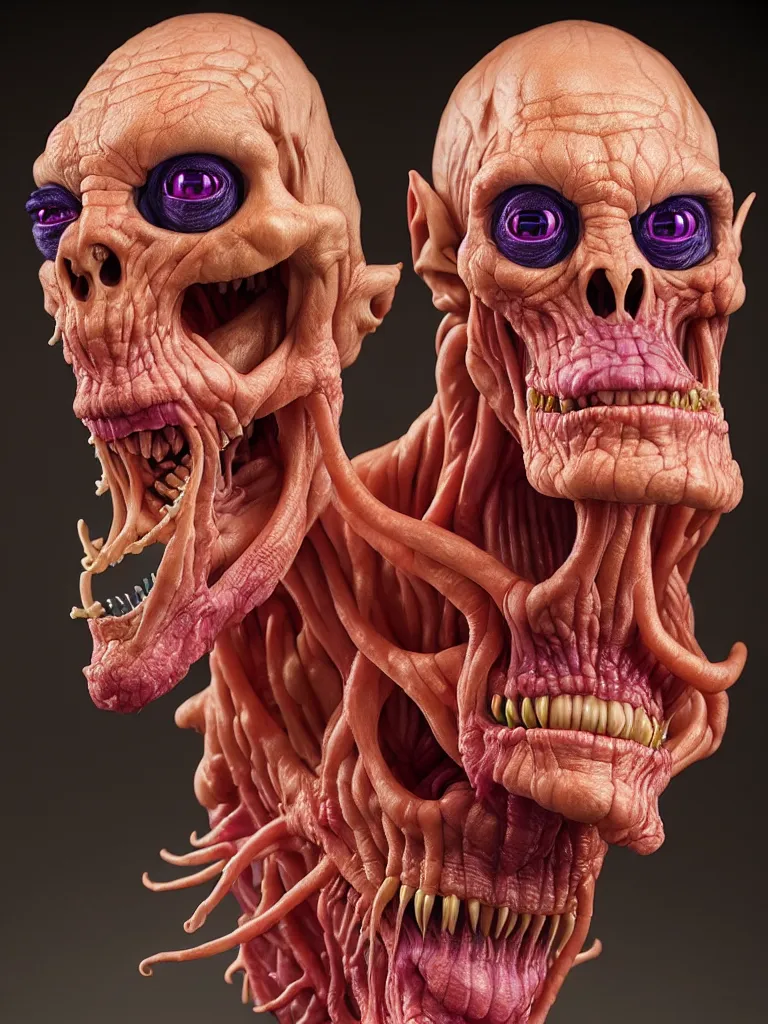 Image similar to hyperrealistic rendering, cronenberg flesh monster skeletor face by donato giancola and greg rutkowski and wayne barlow and zdzisław beksinski, product photography, action figure, sofubi, studio lighting, colored gels