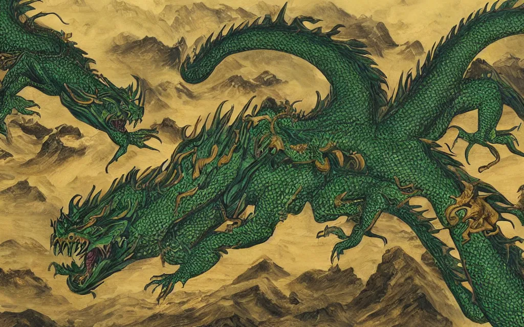 Image similar to green dragon overseeing a large gold mountain, view from above, detailed art