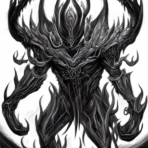 Image similar to full body grayscale drawing by Anato Finnstark of diablo lord of terror in 3/4 view, swirling flames