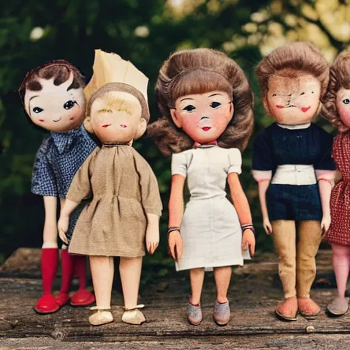 Image similar to 1 9 5 0 s children wooden puppet dolls comming to life, scary, fear, horror, thriller, cinematic still, jumping towards viewer, jump scare, pov, wide shot, polaroid,