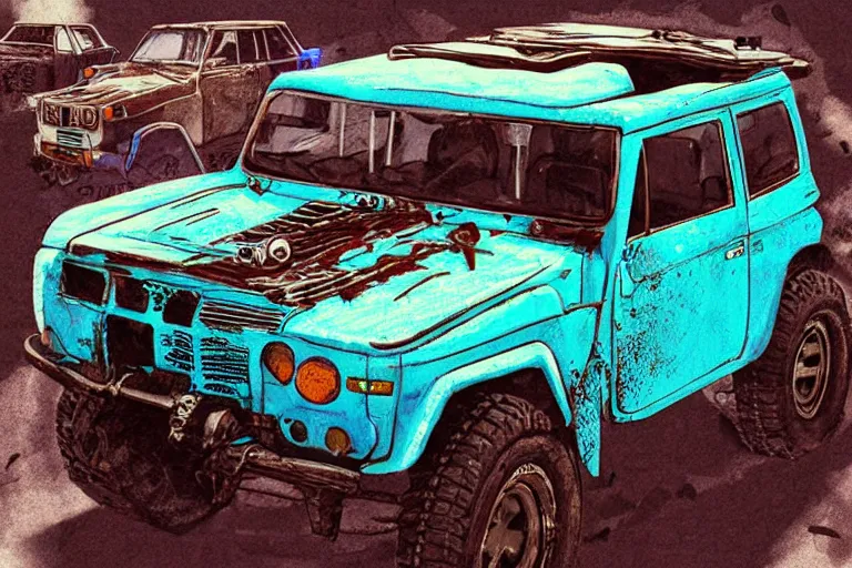 Image similar to digital illustration of a faded cyan mad max's fj 4 0 decrepit!!!! pursuit special, rusty!!! nissan fj cruiser heavily modded 1 9 9 0 s, the last v 8 interceptor by makoto shinkai, ilya kuvshinov, lois van baarle, rossdraws, basquiat