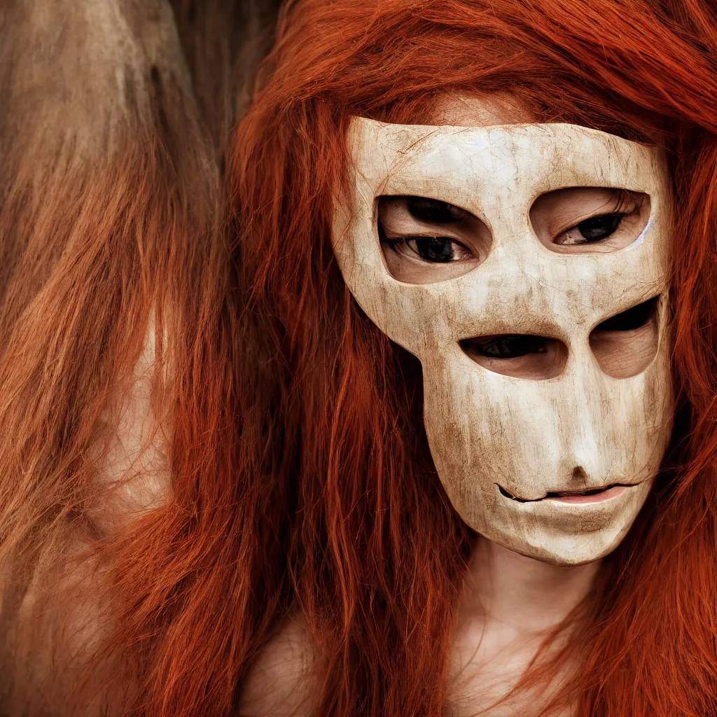 Prompt: woman with wooden mask, long red hair highly detailed, 8 k, hdr, smooth, sharp focus, high resolution, award - winning photo