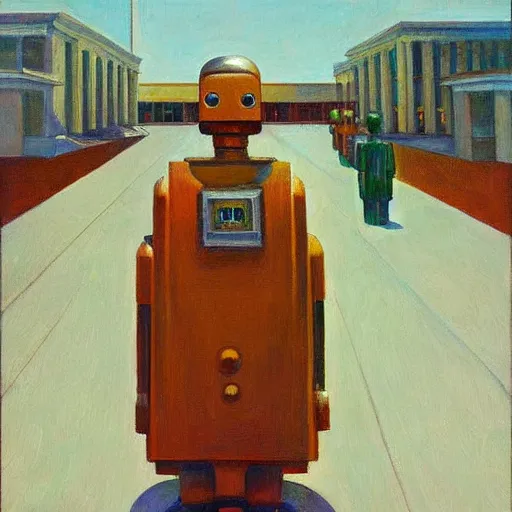 Image similar to robot druids in a grand processional, capital plaza, grant wood, pj crook, edward hopper, oil on canvas