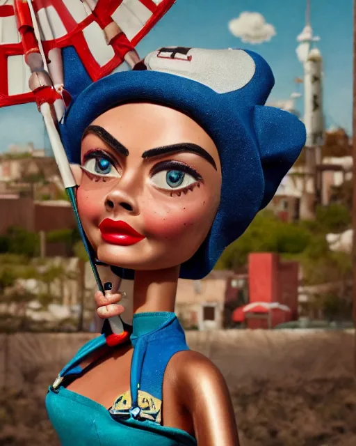 Image similar to closeup face profile portrait of a tin toy retro 1 9 5 0 s cara delevingne at a rocket launch, bikini, depth of field, zeiss lens, fashion photoshoot by nicoletta ceccoli, mark ryden, lostfish, breathtaking, detailed and intricate environment, 8 k resolution, extremely detailed, beautiful, establishing shot, artistic, hyperrealistic, octane render