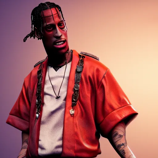 Prompt: Travis Scott in a kimono, figurine, studio lighting, blender, octane render, 8k, trending on artstation, high quality, detalied,