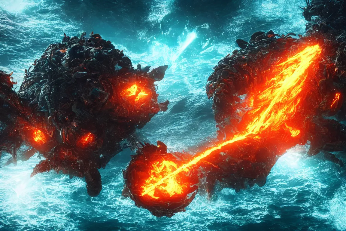 Image similar to colossal shaman gods destroying very living thing in the ocean, 8 k, ultra realistic, lens flare, atmosphere, glow, detailed, intricate, full of colour, cinematic lighting, trending on artstation, 4 k, hyperrealistic, focused, extreme details, unreal engine 5, cinematic, masterpiece