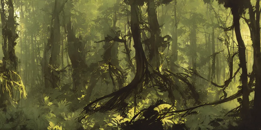 Image similar to animation background painting of a forest, intricate, elegant, highly detailed, greg manchess, mucha, liepke, ruan jia, jeffrey catherine jones, ridley scott