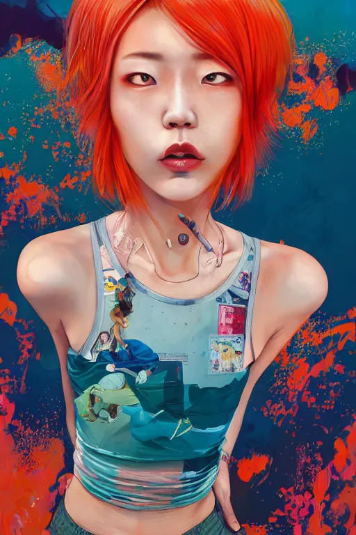 Image similar to a award winning half body portrait of a beautiful woman in a croptop and cargo pants with ombre orange blue teal hairstyle with head in motion and hair flying by yoshii chie and hikari shimoda and martine johanna and will eisner, outrun, vaporware, digital art, trending on artstation, highly detailed, fine detail, intricate
