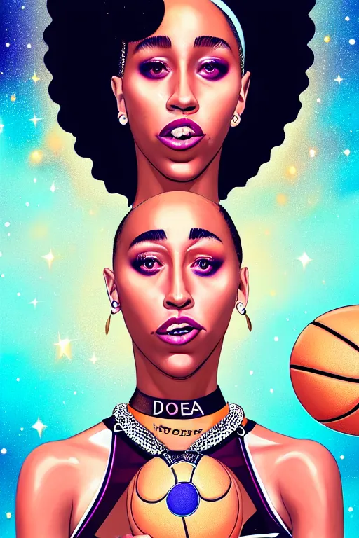 Image similar to paparazzi photo of Doja Cat on basketball court in outer space, beautiful beautiful beautiful beautiful beautiful beautiful beautiful digital art, a full body portrait, looking at camera, D&D, choker on neck, stylish, very long flowing hair, intricate, elegant, stylish, cute slightly nerdy smile, mouth slightly open, fantasy, extremely detailed, digital painting, artstation, concept art, smooth, sharp focus, illustration, stunning lighting, art by artgerm and greg rutkowski and alphonse mucha and simon stalenhag