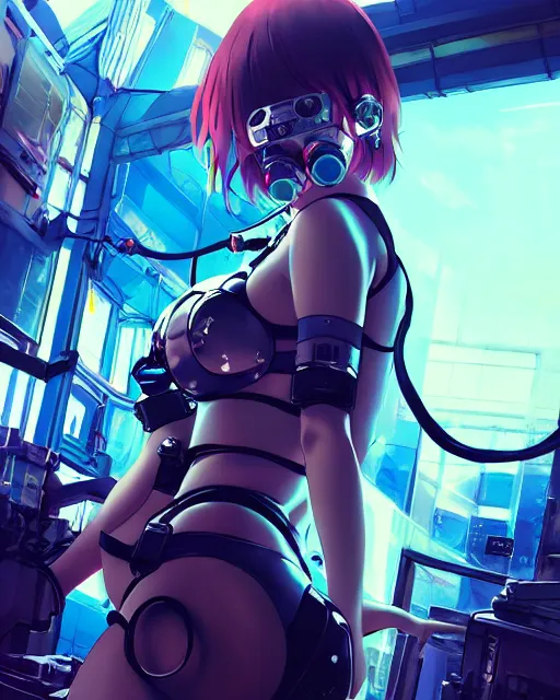 Prompt: kyoto animation, cool girl wearing cyberpunk mechanical futuristic bikini, respirator, detailed portrait, cell shaded, 4 k, concept art, by wlop, ilya kuvshinov, artgerm, krenz cushart, greg rutkowski, pixiv. cinematic dramatic atmosphere, sharp focus, volumetric lighting, cinematic lighting, studio quality