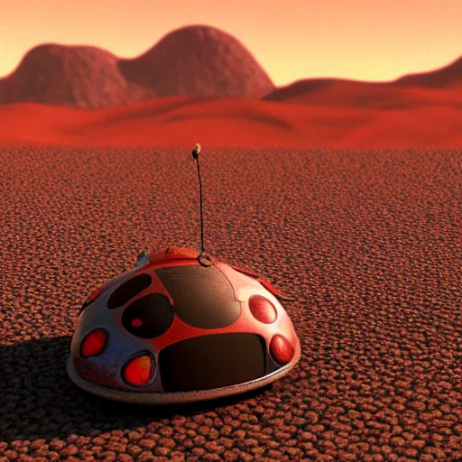 Image similar to promotional still wide angle, a mountain - sized ladybug roams a barren wasteland, dramatic lighting, ( e. t. the extra - terrestrial ), batteries not included, harry potter, octane 3 d render, imax, 7 0 mm.