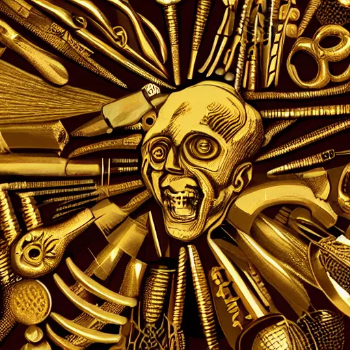 Prompt: gold tools designed in the style of body horror