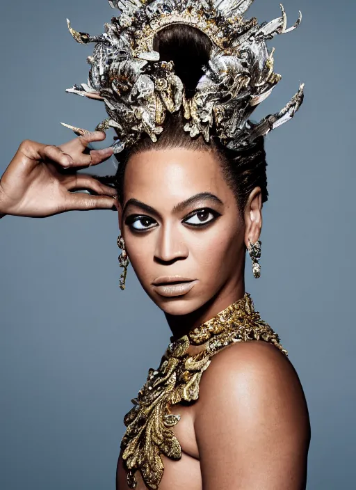 Image similar to photo of beyonce styled by nick knight posing, intricate headpiece, showstudio, face close up, vogue magazine, 2 0 2 0, canon, highly realistic. high resolution. highly detailed. dramatic. 8 k. 4 k. zeiss lens, canon eos, cinematic lighting, photography, film still