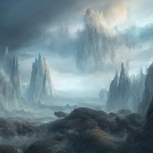 Prompt: ethereal landscape with plumes of faint smoke, concept art, hyper detailed, matte painting