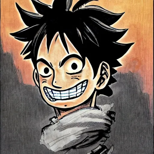 Image similar to [ luffy with mustache ] ( by kim jung gi ) ( by george morikawa ) ( by kentaro miura ) ( by eiichiro oda )