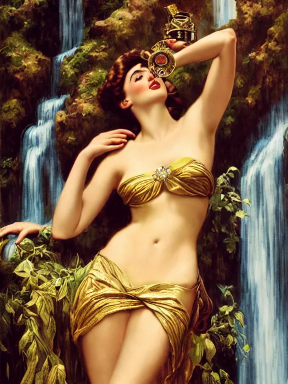 Prompt: Ana de armas as the Roman goddess of the waterfall, a beautiful art nouveau portrait by Gil elvgren, Roman temple environment, centered composition, defined features, golden ratio, gold jewlery, photorealistic professional lighting, cinematic