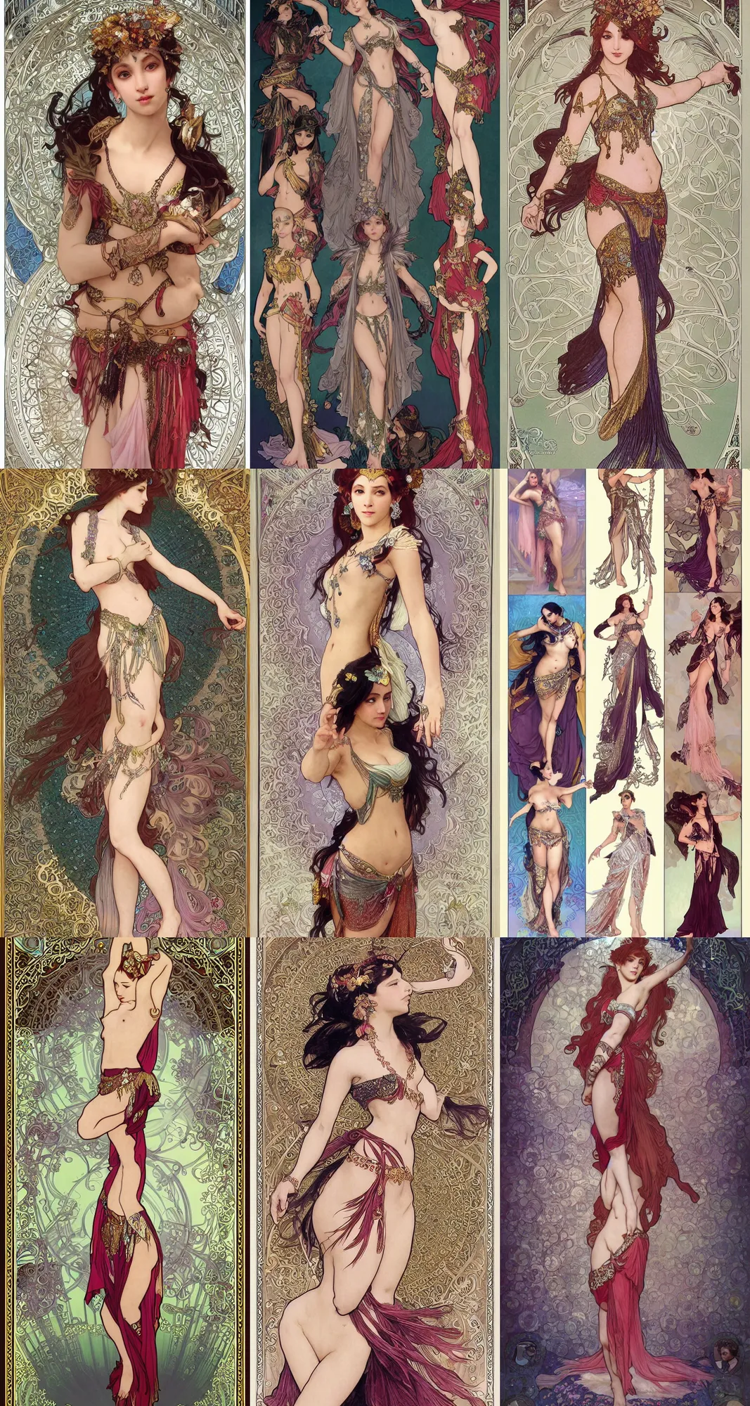 Prompt: Character concept and fashion spot illustrations from the Final Fantasy Belly Dancer mashup, full-body, bloom, dynamic poses, diaphanous cloth, intricate crystalline and feather jewelry, ornate, filigree, arcane, cinematic lighting, by Alphonse Mucha, by James Gurney, by Bouguereau, by Rubens, fantasy, portfolio illustration, highly detailed, trending on Artstation, CGsociety, HQ, 8k, 35mm lens, f2.8, Bokeh,