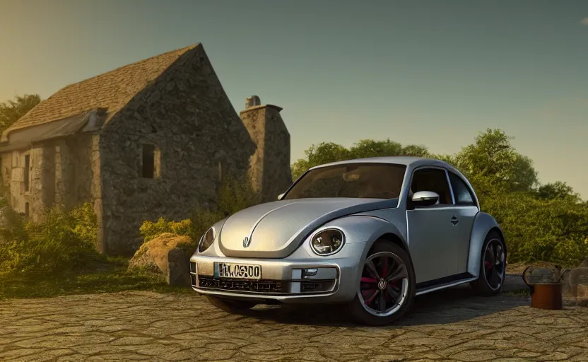 Image similar to a vw beetle parked near a small medieval stone house at sunrise, concept art, octane render, unreal engine 5, trending on artstation, high quality, 8 k, soft lighting, path traced, hyperrealistic, highly detailed, digital art, symmetrical, cinematic, high coherence, godrays