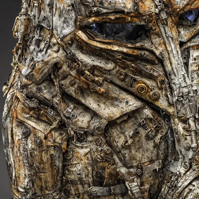 Image similar to photo taken of an epic intricate, ultra detailed, super realistic gritty, hero prop, exquisitely weathered armoured hazardsuit movie props, created by weta workshop, zoomed in shots, photorealistic, sharp focus, white wall, cold colour temperture, golden ratio