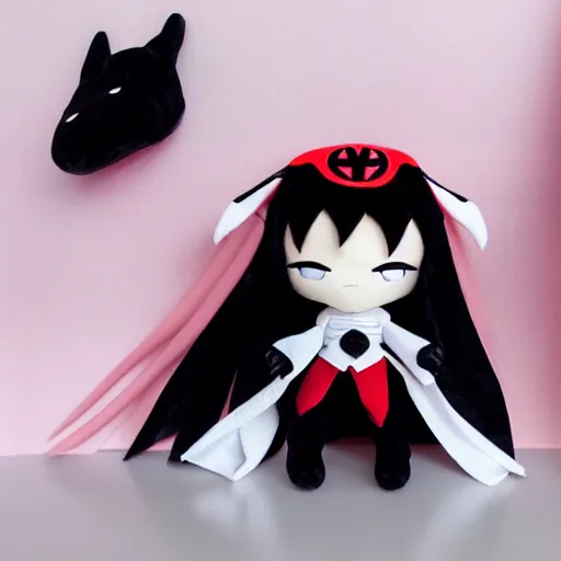 Image similar to cute fumo plush of a superheroine girl, magical girl, gothic maiden anime girl, velvet, mahou noir, black and white, vray