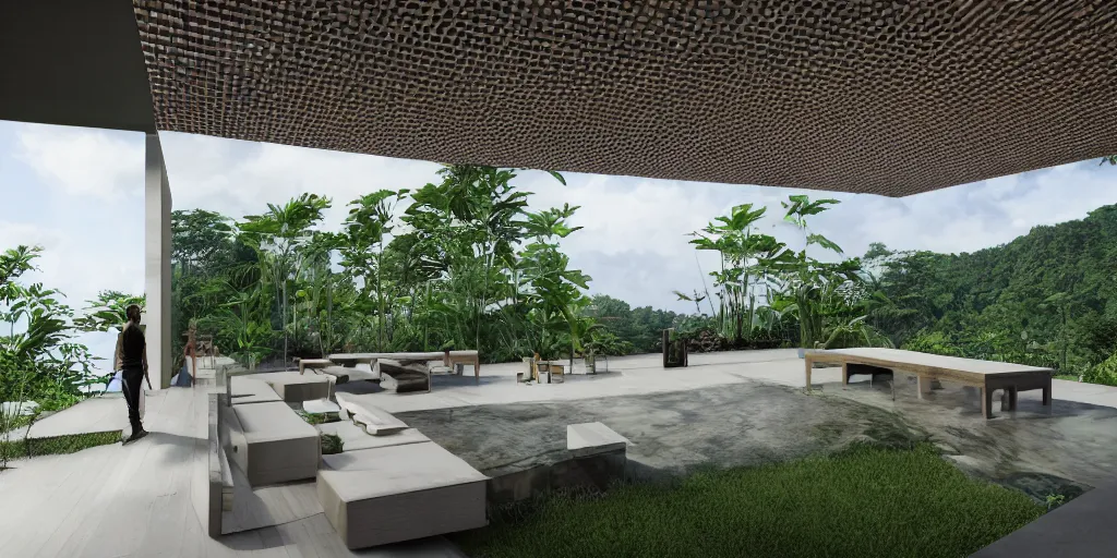 Image similar to 3d rendering of beautiful nature meets architecture concept of a residential house. balinese architecture by Kengo Kuma, volumetric lighting, luxury, high detail, 14mm, cinematic photography, cg architects, high resolution