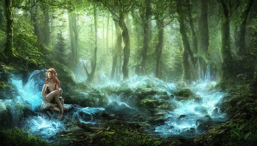 Prompt: high definition photograph fantasy art, hyper realistic, hyperrealism, luminous water, woody foliage, 8 k dop dof hdr fantasy forest art, by aleski briclot and alexander'hollllow'fedosav and laura zalenga
