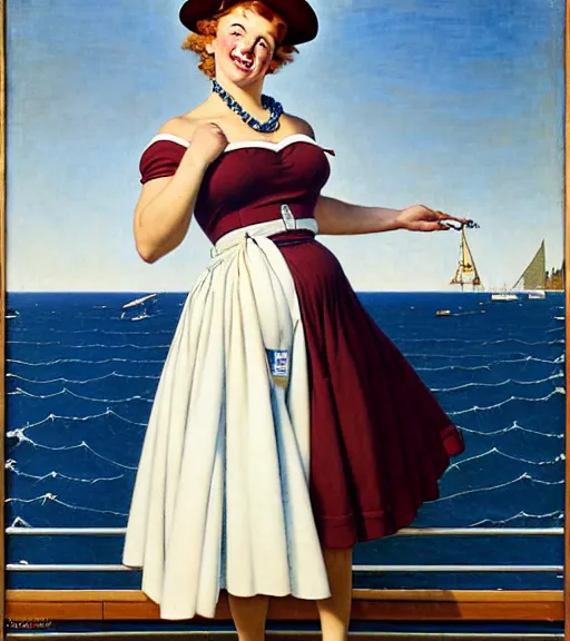 Image similar to a beautiful plump young lady holding a purse standing on a wharf at the edge of the sea by gil elvgren and william blake and norman rockwell, crisp details, hyperrealism, smiling, happy, feminine facial features, stylish navy blue heels, gold chain belt, cream colored blouse, maroon hat, windblown