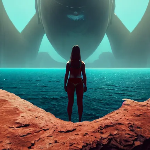 Image similar to a colossal monster peering out of the ocean. intricate artwork by beeple. third person, beautiful, full view, cinematic lighting, octane render, trending on artstation, greg rutkowski very coherent artwork. cinematic, hyper realism, high detail, octane render, 8k