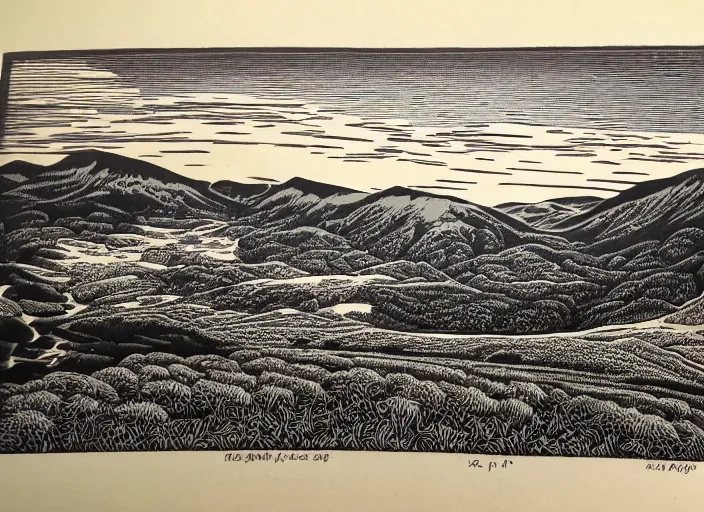 Prompt: a beautiful Wood engraving on paper of The highlands of Scotland