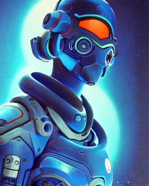 Image similar to echo from overwatch, blue hologram face, character portrait, portrait, close up, concept art, intricate details, highly detailed, vintage sci - fi poster, retro future, in the style of chris foss, rodger dean, moebius, michael whelan, and gustave dore