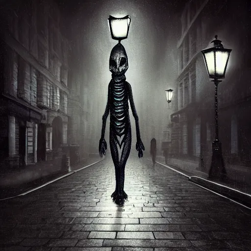 Prompt: terrifying alien creature walking through the center of old london city late at night, lamp lit street, oil painting, gloomy misty atmosphere, symmetrical, full body image, highly ornate intricate details, very sharp photo,
