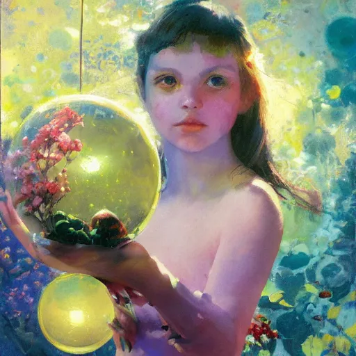 Image similar to a girl with three eyes : : on 5 translucent luminous spheres, full of floral and berry fillings, in an ocean of lavender color by john berkey