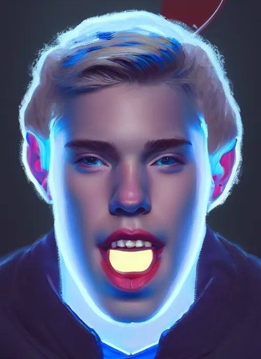 Image similar to portrait of high school senior boy named big moose, blonde short hair, jock, beefy, wide face, square jaw, square facial structure, blue varsity jacket with letter r, intricate, elegant, glowing lights, highly detailed, digital painting, artstation, concept art, sharp focus, illustration, art by wlop, mars ravelo and greg rutkowski