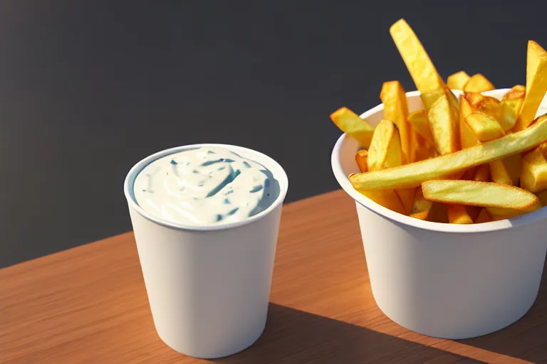 Image similar to best fries, best mayonnaise, best weather, best light, best drink. super realistic 8 k render of a elegant