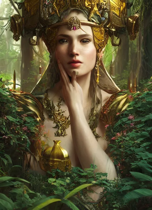 Image similar to Beautiful art portrait of a female fantasy priestess in a bright temple surrounded by lush forest, atmospheric lighting, intricate detail, cgsociety, hyperrealistic, octane render, RPG portrait, ambient light, dynamic lighting