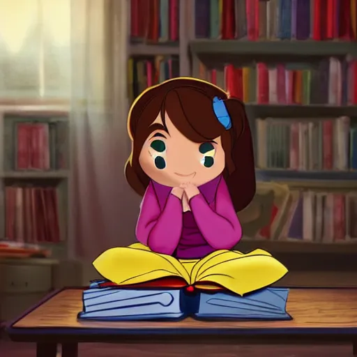 Image similar to a little girl with short wavy brown hair and blue eyes sits cross legged on top of a pile of books reading a book in a still from a disney movie. beautiful disney cartoon character art, high quality, detailed face