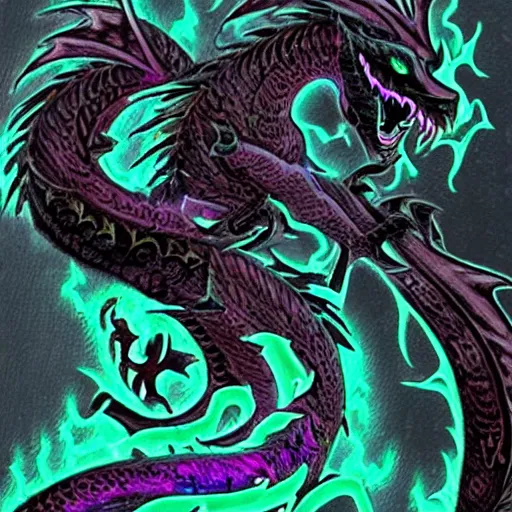 Prompt: black dragon with cyan runes on his sides and glowing purple eyes, hazy, dreamlike