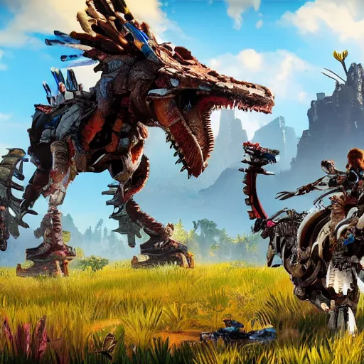 Prompt: gameplay of horizon zero dawn, mech dragon, highly detailed