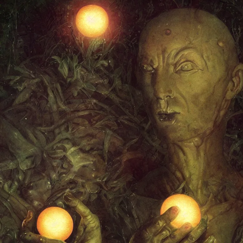 Prompt: a neoclassicist close - up portrait of an alien marble statue holding glowing orbs in a botanical garden at night. reflective textures. glowing fog. highly detailed fantasy science fiction painting by moebius, norman rockwell, frank frazetta, and syd mead. rich colors, high contrast, gloomy atmosphere, dark background. artstation