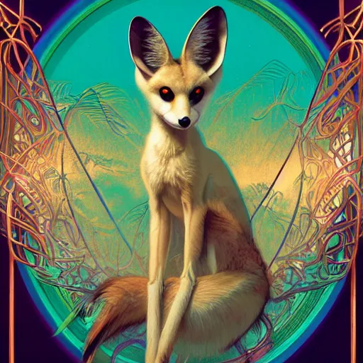 Prompt: fennec fox, vaporwave, miami vice, beautiful glowing lights, stunning, intricate, elegant. highly detailed, digital painting. artstation. smooth. sharp focus. illustration. art by greg rutkowski and alphonse mucha