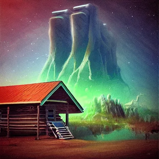 Image similar to “log cabin sci-fi art”