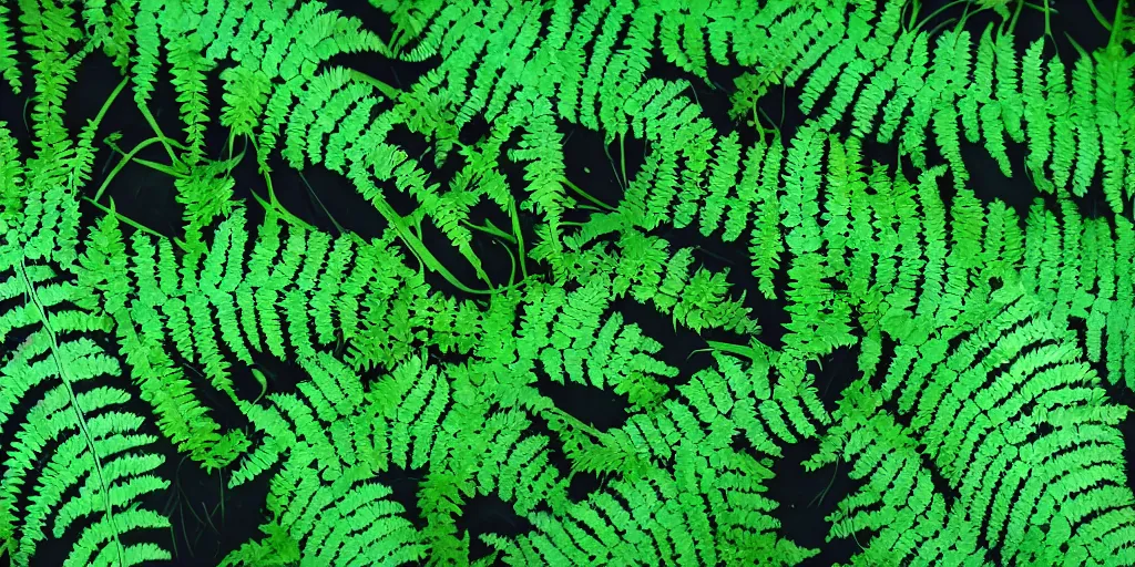 Image similar to deep green fern leaves with drops of water and glitter shimmering in the moonlight