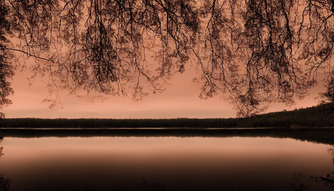 Image similar to calm lake, golden hour evening, horror movie, raining, atmospheric, scary, claustrophobic, ambient vibe, very detailed, high resolution, 8 k