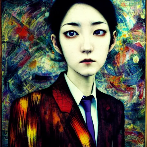 Image similar to yoshitaka amano blurred and dreamy realistic three quarter angle portrait of a young woman with short hair and black eyes wearing office suit with tie, junji ito abstract patterns in the background, satoshi kon anime, noisy film grain effect, highly detailed, renaissance oil painting, weird portrait angle, blurred lost edges