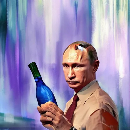 Image similar to vladimir putin wearing a mini skirt and holding a bottle of arak, cinematic, beautiful digital painting, hyper detailed