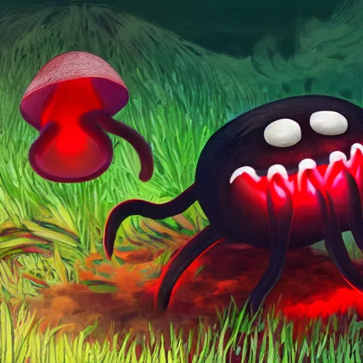 Image similar to a red and black monster with a really long tongue, glowing mushrooms