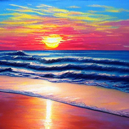 Prompt: sunset, sea, coast, oil painting